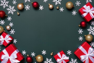 Dark green New Year's background with space for text, red wrapped gifts, Christmas tree balls and snowflakes around the perimeter.