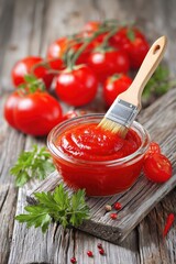 Tomato ketchup in glass bowl with brush fresh tomatoes parsley and peppercorns on rustic wood