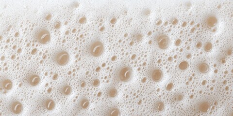 Close up macro view of light brown liquid with a dense layer of white foam and numerous air bubbles