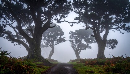 Misty trail through an ancient forest with gnarled trees, creating an ethereal atmosphere