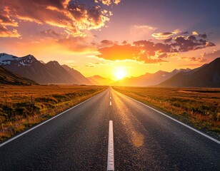 Fototapeta premium Road to the Horizon - A Journey into the Sunsets Embrace.