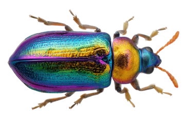 Iridescent beetle, vibrant colors, top-down view