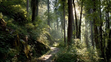 Fototapeta premium Sun-Dappled Forest Path - Serene Woodland Scene with Lush Greenery and Ethereal Light.