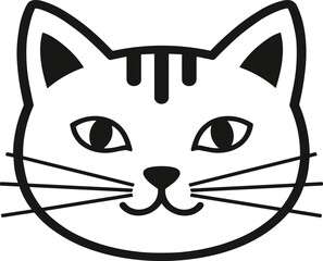 Smiling cat face, black line drawing, cute feline sketch, pet icon, minimalist animal art, vector design, whiskers, striped forehead