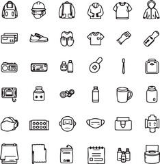 Grid of black line icons for PPE, hygiene, and safety items including masks, gloves, sanitizer, and goggles