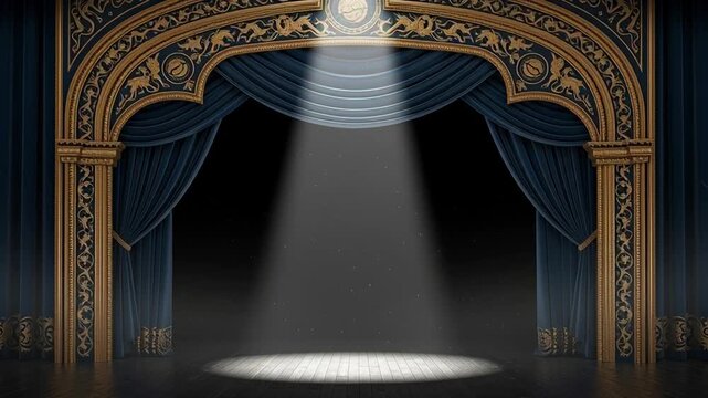 A grand theater stage with blue curtains and gold trim illuminated by a single spotlight, ready for a performance.