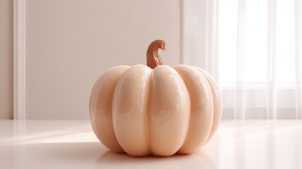A single pale orange pumpkin sits on a reflective surface in soft light