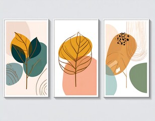 Modern abstract botanical triptych art pieces with colorful organic shapes