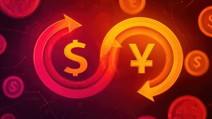 Dollar and Yen currency symbols exchange with circular arrows and coin graphics