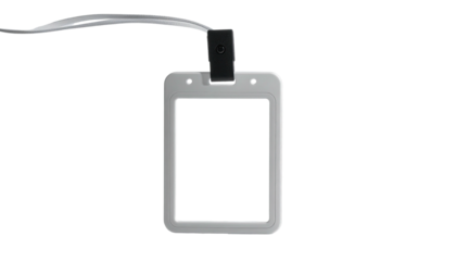 Simple ID badge holder hangs from a lanyard against black