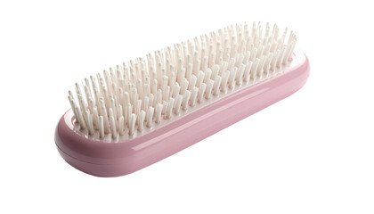 Pink brush with dense white bristles, angled, on black background