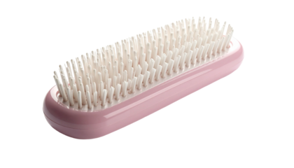 Pink brush with dense white bristles, angled, on black background