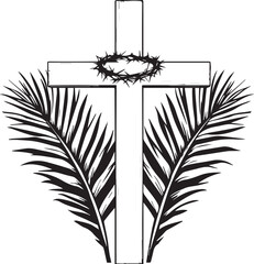 Christian cross with crown of thorns and palm fronds in black and white symbolic line illustration