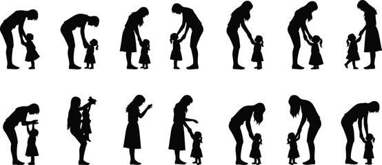 Vector collection of mother and daughter silhouettes interacting, holding hands, and bonding, black figures isolated on white background for family concept