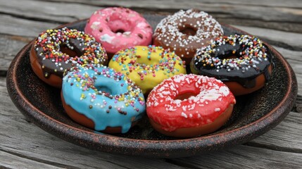 Assortment of colorful iced donuts with sprinkles on a rustic plate on a wooden table