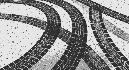 Obraz premium Tire tracks after skidding, launch, drift, powerslide in motorsport, rally, off-road, motocross. Wheel texture with splash effect. Vector, JPEG version.