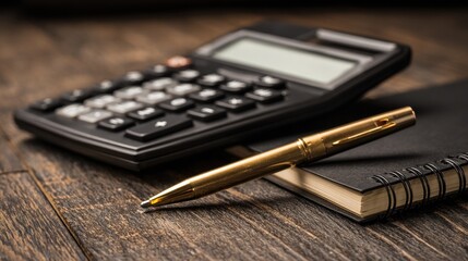 A calculator a golden pen and a notebook rest on a dark wooden desk office