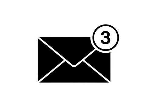 Black and white vector graphic of an envelope with a notification badge indicating three unread messages isolated on white background