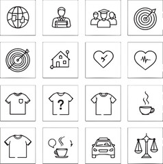 Grid of 16 minimalist icons for global, education, health, fashion, beverage, transport, and justice