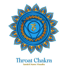 Throat Chakra Symbol Illustration - Vishuddha Blue Mandala Communication Energy Icon on White Background