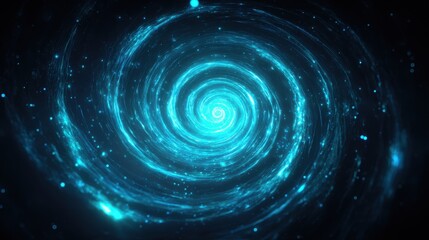 Bright blue swirling cosmic vortex with numerous small glowing particles against a dark background