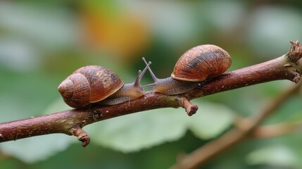 Two garden snails touch antennae while resting on a tree branch with blurred green foliage in the background