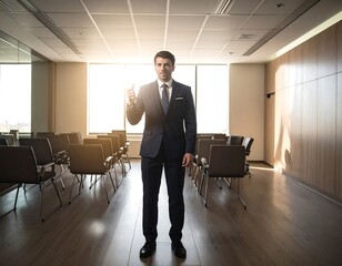 Man in suit stands in an empty conference room, holding up his hand, light streaming through windows