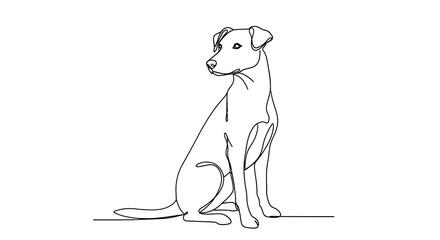 A minimalist continuous line art drawing of a dog sitting and looking to the side on a white background, showcasing a simple and elegant animal illustration.