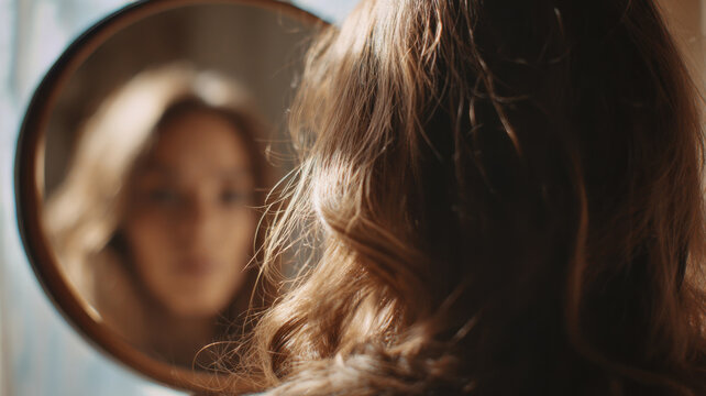 A woman contemplating her reflection in a mirror