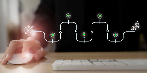 Business and Project Roadmap Concept. Using computer  on virtual screen with roadmap overlay, steps in a project or strategic planning process. Waypoint icons and ends with goal achievement.