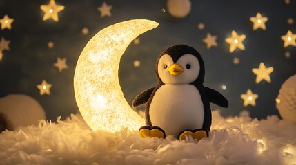 Stuffed penguin sitting on a crescent moon surrounded by stars