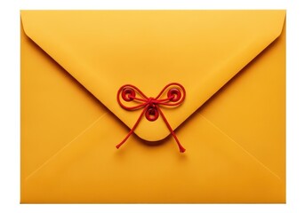 Yellow envelope with red string isolated on white background, a classic way to send a letter or invitation for special occasions