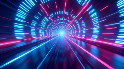 Abstract futuristic tunnel with glowing blue and pink neon lights creating a sense of speed and digital data flow towards a bright light. - Powered by Adobe