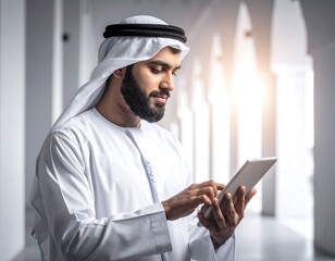 Man in traditional Arab attire using a digital tablet in a bright arched hallway