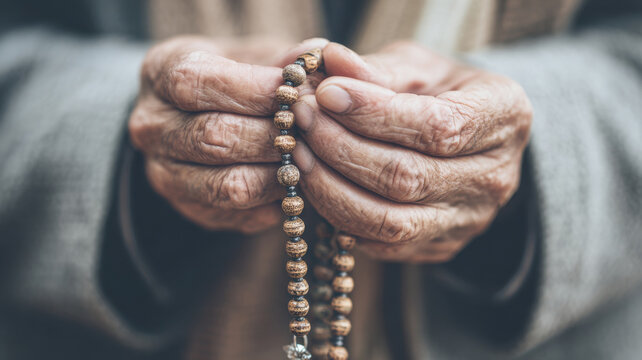 Close-up shot of hands holding a rosary beads, symbolizing prayer and faith - Powered by Adobe