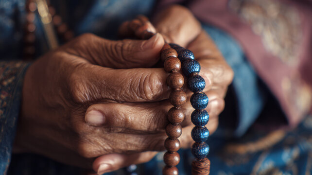 Close-up of hands holding prayer beads, conveying a sense of meditation and spiritual devotion
