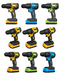 Set of cordless electric drills standing upright, isolated on white background with clipping path, power tool design concept