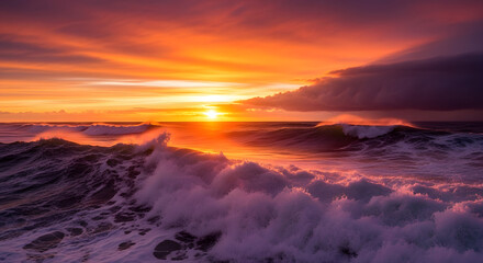Dramatic ocean waves crashing under a vibrant orange and purple sunset sky with dark clouds above horizon