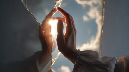 Hands reaching towards sunlight shining through a reflective surface with a view of sky