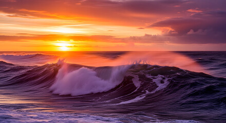 Fototapeta premium Ocean waves crashing under a vibrant sunset with orange and purple hues in the sky above the water