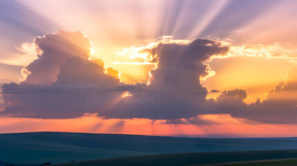 Dramatic illustration of golden sun rays piercing through dark clouds at sunset over a tranquil landscape
