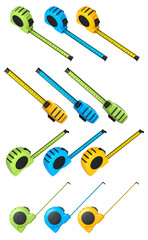 Set of measuring tapes in green, blue, and yellow with extended rulers, isolated on white background with clipping path