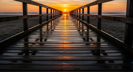 Wooden boardwalk leading to the ocean with a sunset reflecting on the wet planks and railings