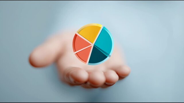 A hand holding a pie chart. The pie chart is divided into four sections, each with a different color
