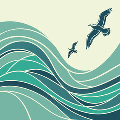 Fototapeta premium Seagulls Soaring over Abstract Waves: A serene, abstract scene depicts the fluid motion of ocean waves, with two seagulls gracefully soaring against a backdrop of the sky.
