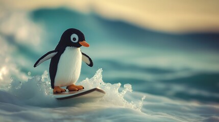 Fototapeta premium Stuffed penguin standing on a surfboard riding waves