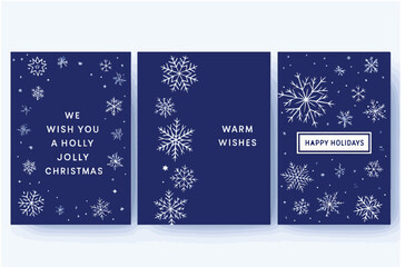 Classic Navy Blue Christmas and Holiday Cards Set. Winter Snowflake Pattern Background. Elegant Merry Christmas and Warm Wishes Vector Templates.