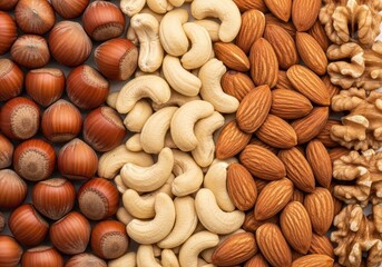 A closeup shot showcases a variety of nuts, including hazelnuts, cashews, almonds, and walnuts, arranged in neat rows, creating a visually appealing pattern