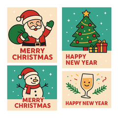 Cute Cartoon Christmas and New Year Greeting Cards Set. Hand Drawn Santa Claus, Snowman, Xmas Tree, and Champagne Glass Banners. Holiday Vector Illustration.