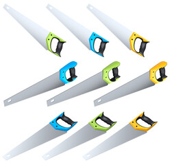 Set of hand saws with ergonomic handles, displayed on white background with clipping path, Construction tool concept